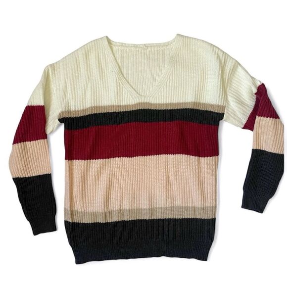 Alelly Color Block Wide Stripe Relaxed Fit V-Neck Ribbed Knit Sweater NWOT - Picture 7 of 13